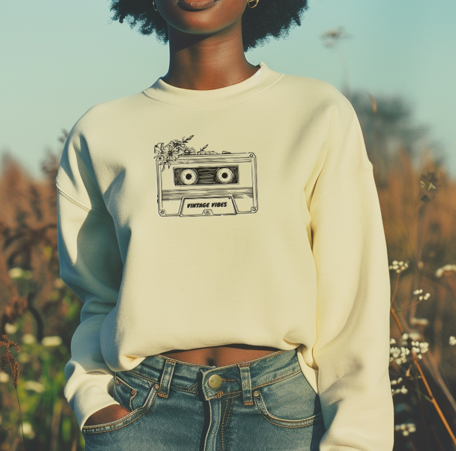 Vintage Vibes Embroidered White Crewneck Sweater